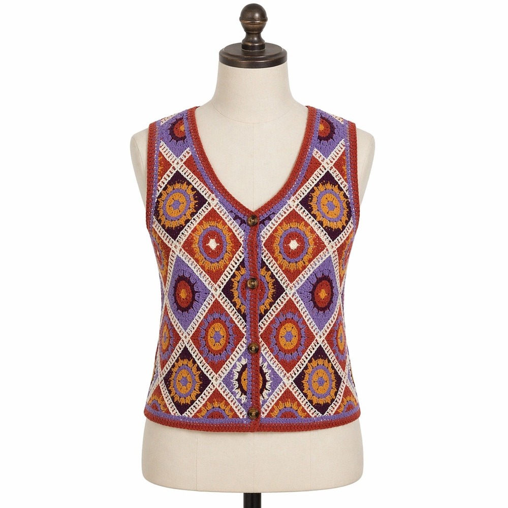 NEW Primark Rita Ora Womens Crochet Sweater Vest Multicolor Boho Granny Square L